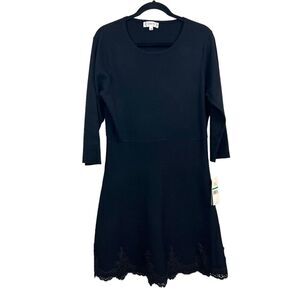 Nanette Lepore Luciana‎ Dress Stretch Knit 3/4 Sleeve Lace Hem Black Women Sz L